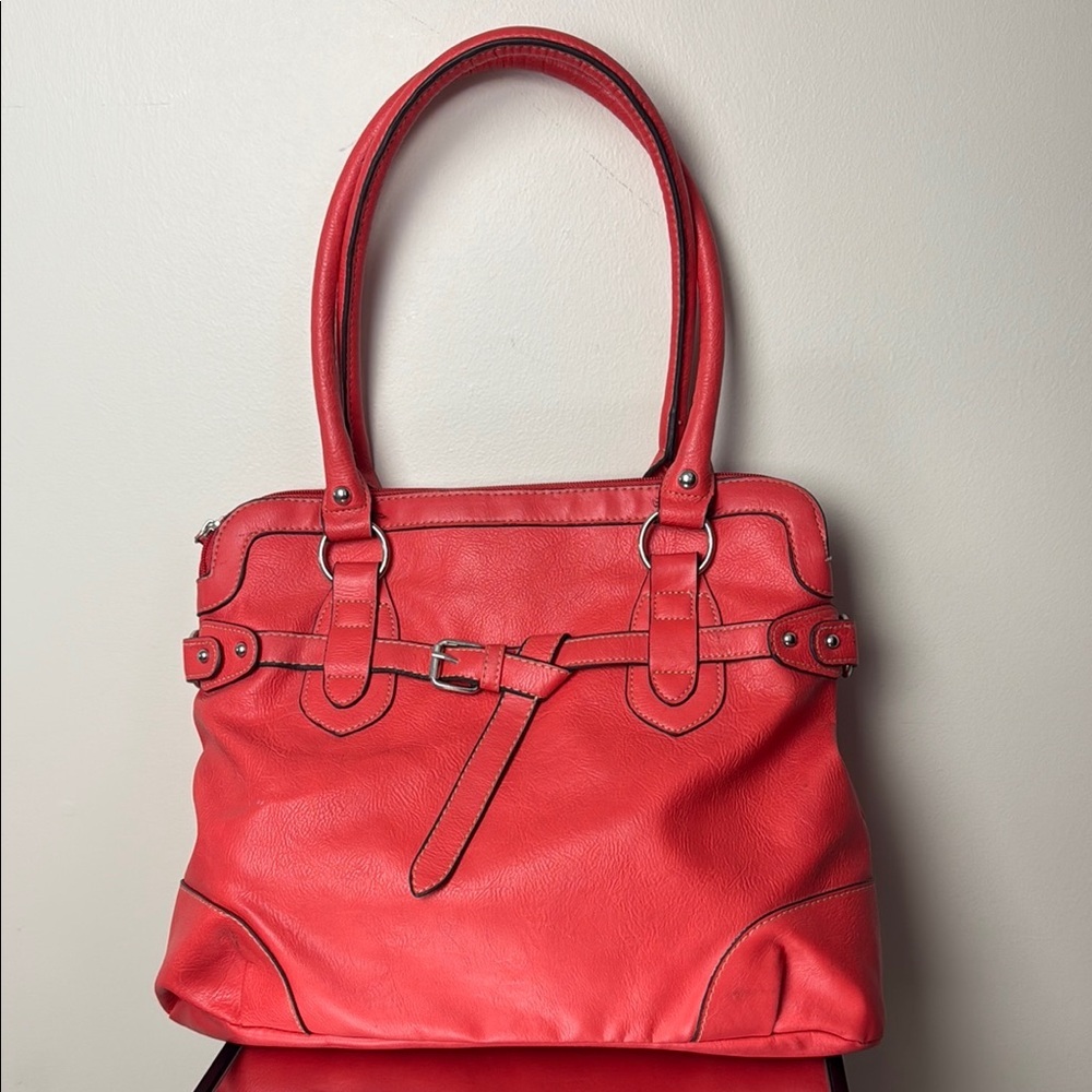 Red Orange Salmon Faux Leather Tote Bag with Multi compartments